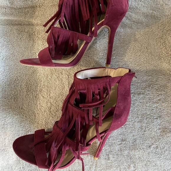 Wild Diva Lounge Burgundy Fringe Heels | Size 7.5 | Suede Cutout Stiletto Sandal - Picture 5 of 7